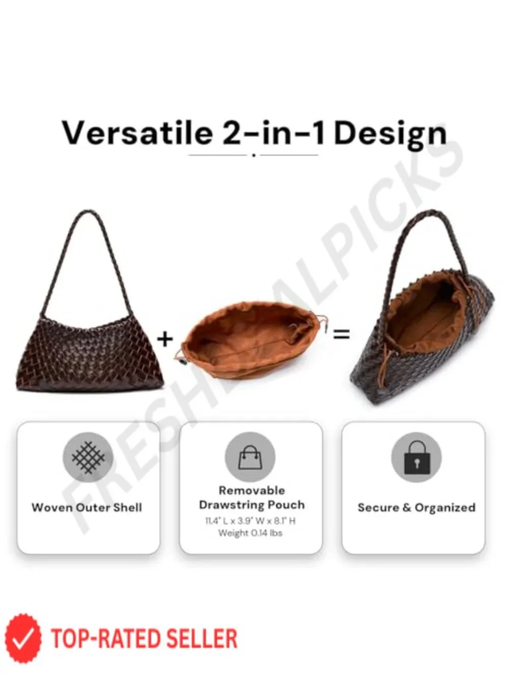 Vegan Leather Woven Hobo Shoulder Bag Drawstring Pouch Purse